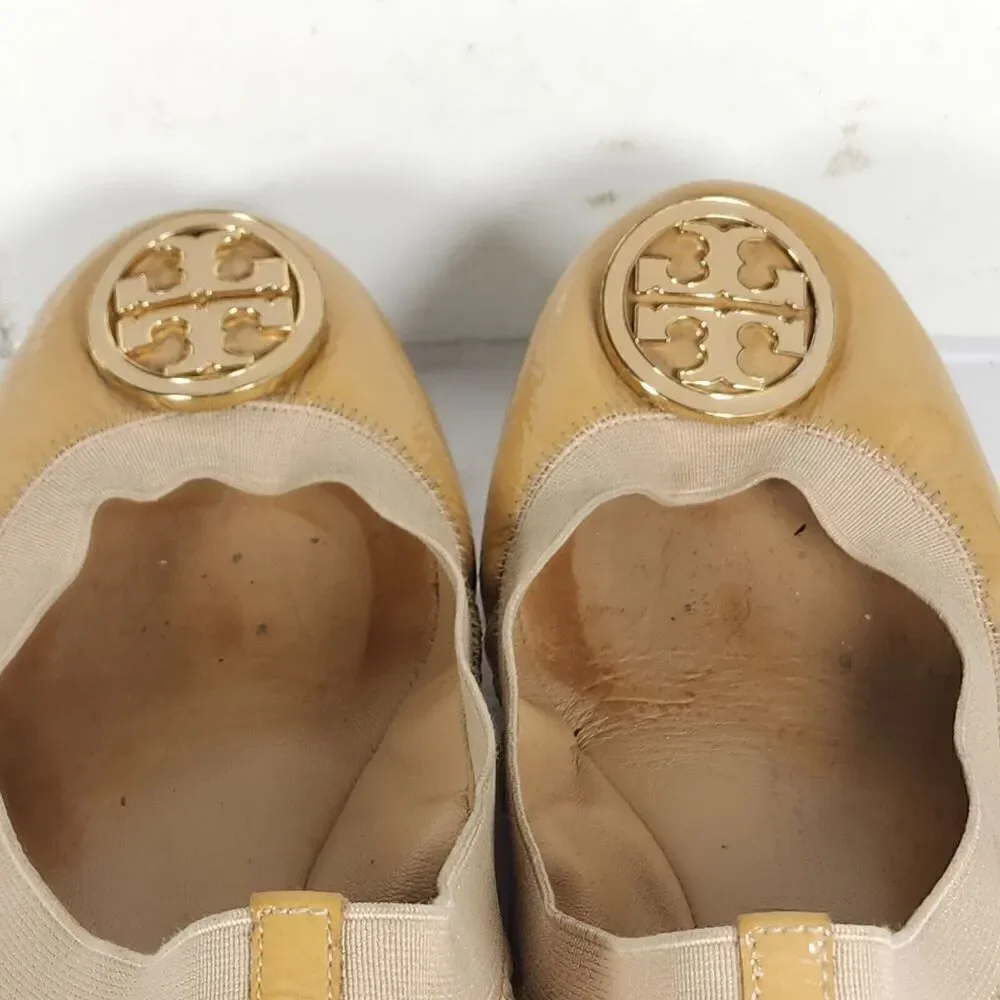 TORY BURCH Women's Caroline 2 US 8M Tan Leather Logo Slip On Ballet Flats